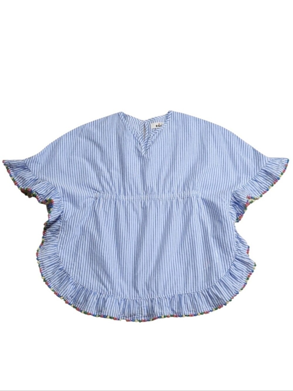 MINI BODEN Pompom Cotton Cover-up Poncho Caftan Blue & White Stripe Sz 3-4 Yrs